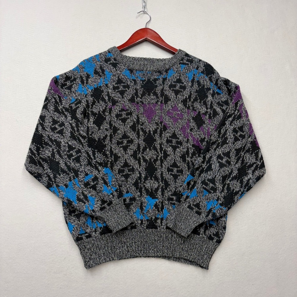 Michael Gerald Sweater Mens Medium Gray Blue Geometric Vintage Knit Pullover